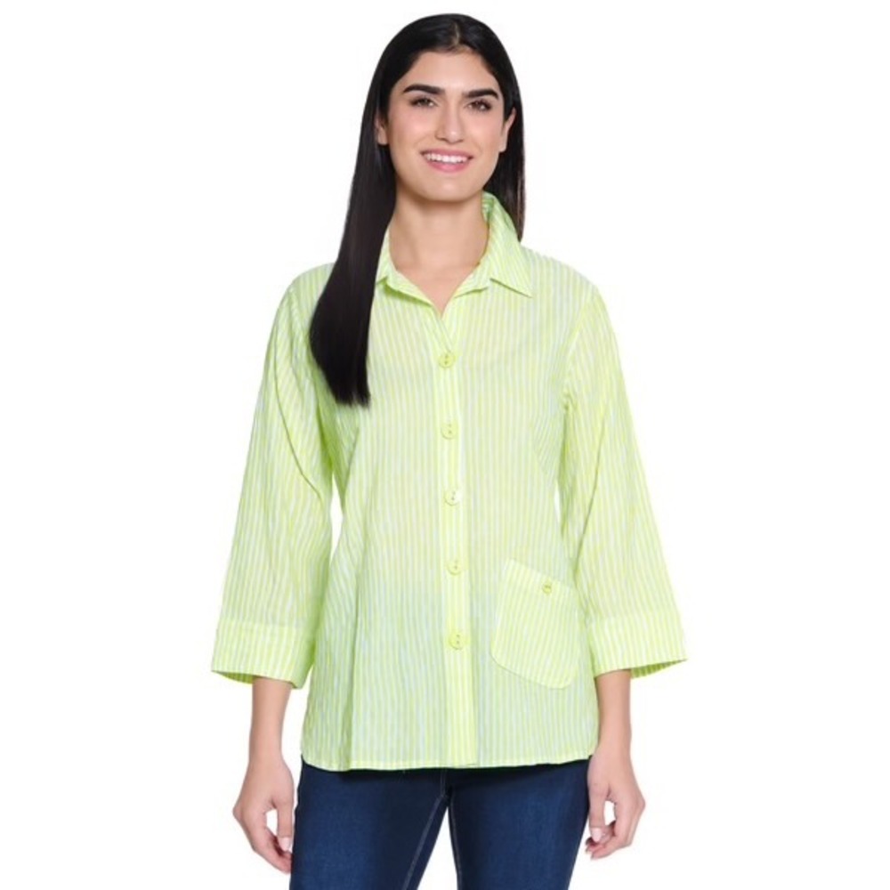 Ali Miles NWT Woven Button Front Blouse Soft‎ Lime Striped Plus Size 2X